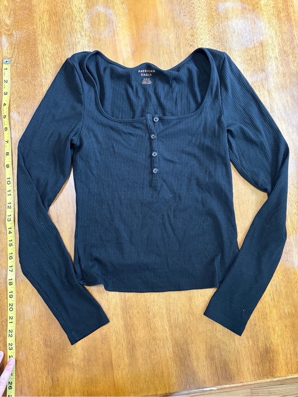 American Eagle Outfitters Black Ribbed Scoop-Neck Henley Long Sleeve Size:medium